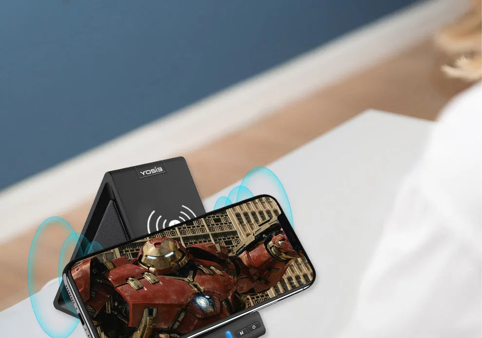 Black multifunctional Bluetooth speaker with wireless charging phone stand and 2000mAh power bank