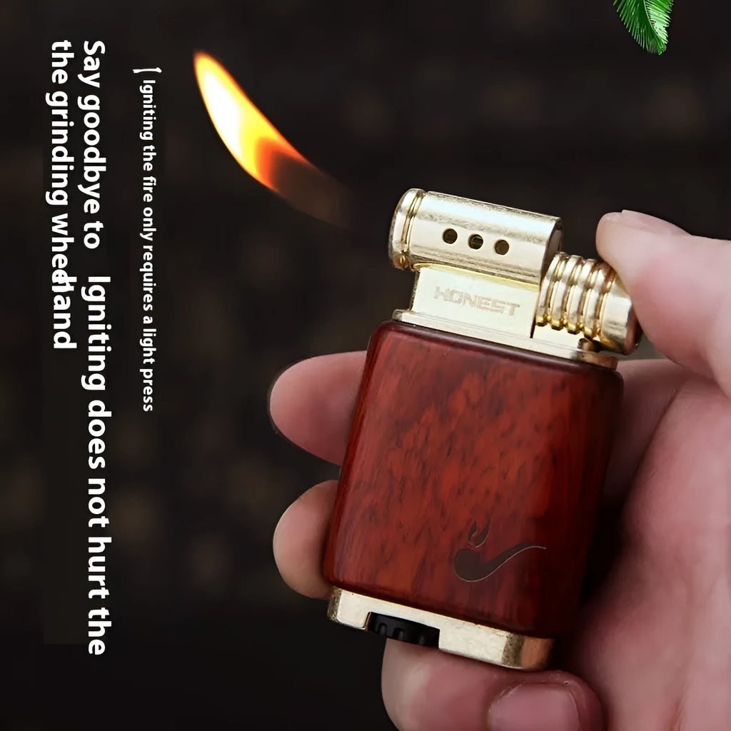 A decorative gas lighter with a carved wooden handle combining black wood, rosewood symbols, and a red wood tube accent.