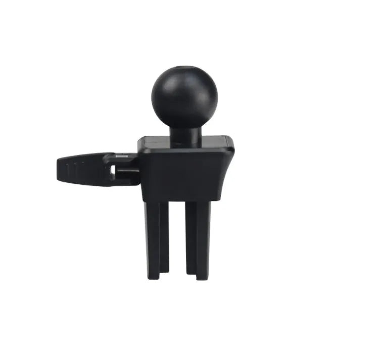 Black plastic car air vent phone holder attached to vehicle air conditioning outlet with mobile phone secured