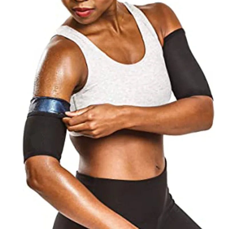 Adjustable arm compression sweatband in blue with hook-and-loop closure, worn on forearm.