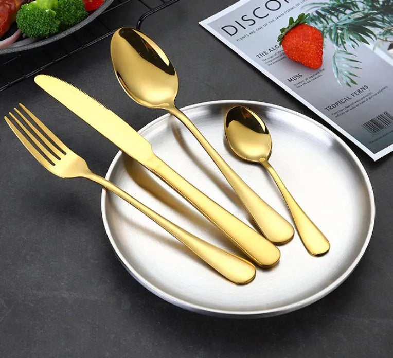 24-piece stainless steel cutlery set in a choice of colours including black, gold, and rose gold.