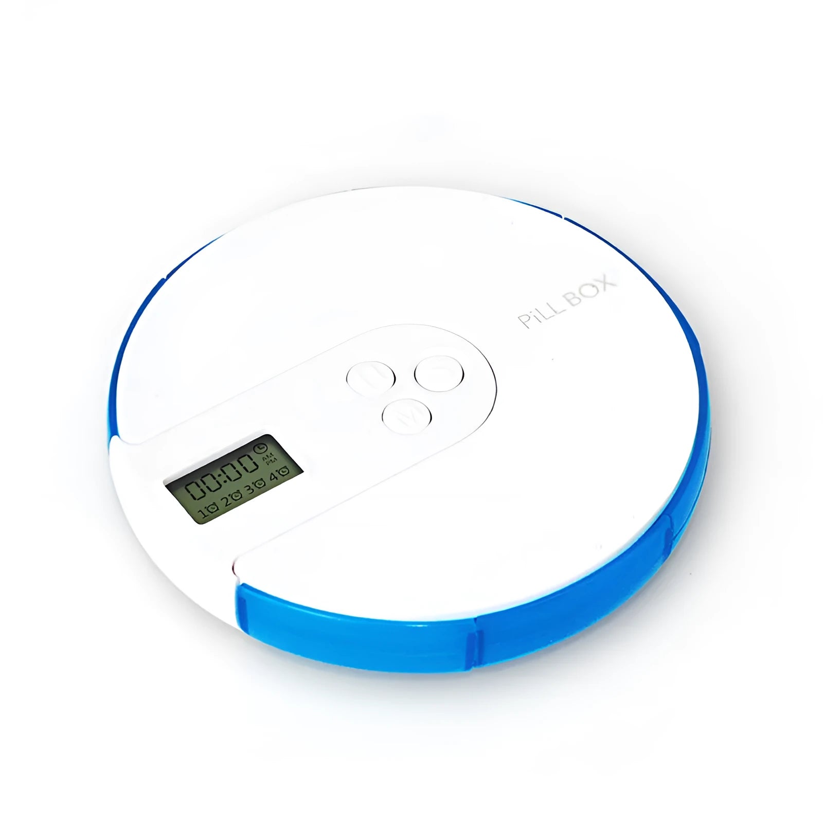 Seven-compartment electronic pill organiser with digital display, shown in blue, measuring 11cm square.