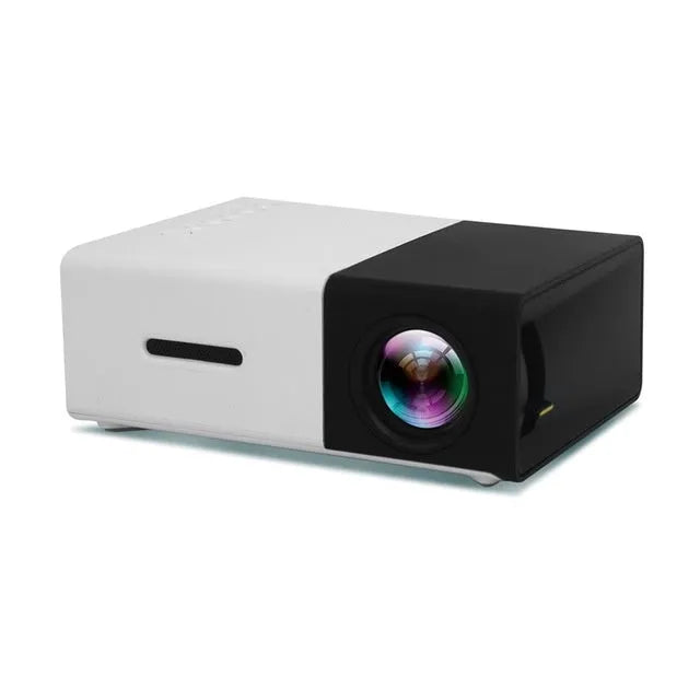 Yellow 1080p LED mini projector YG-300 with HDMI, USB, and TF card slots for portable home cinema