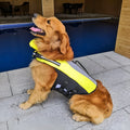 Fluorescent yellow pet reflective airbag nylon life jacket with reflective strips on a dog near water