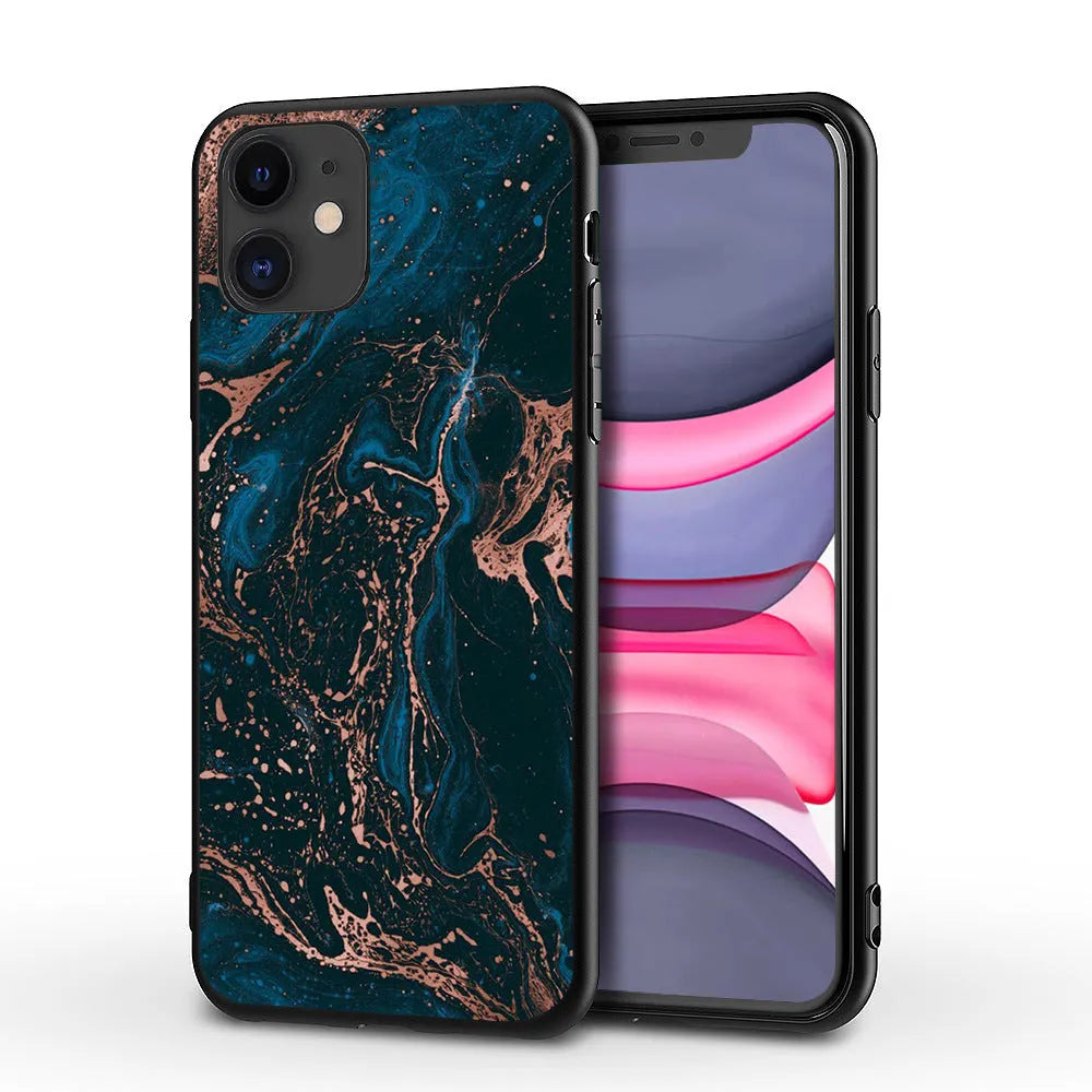 Marble pattern iPhone case with TPU PC construction showing waterproof drop-resistant features