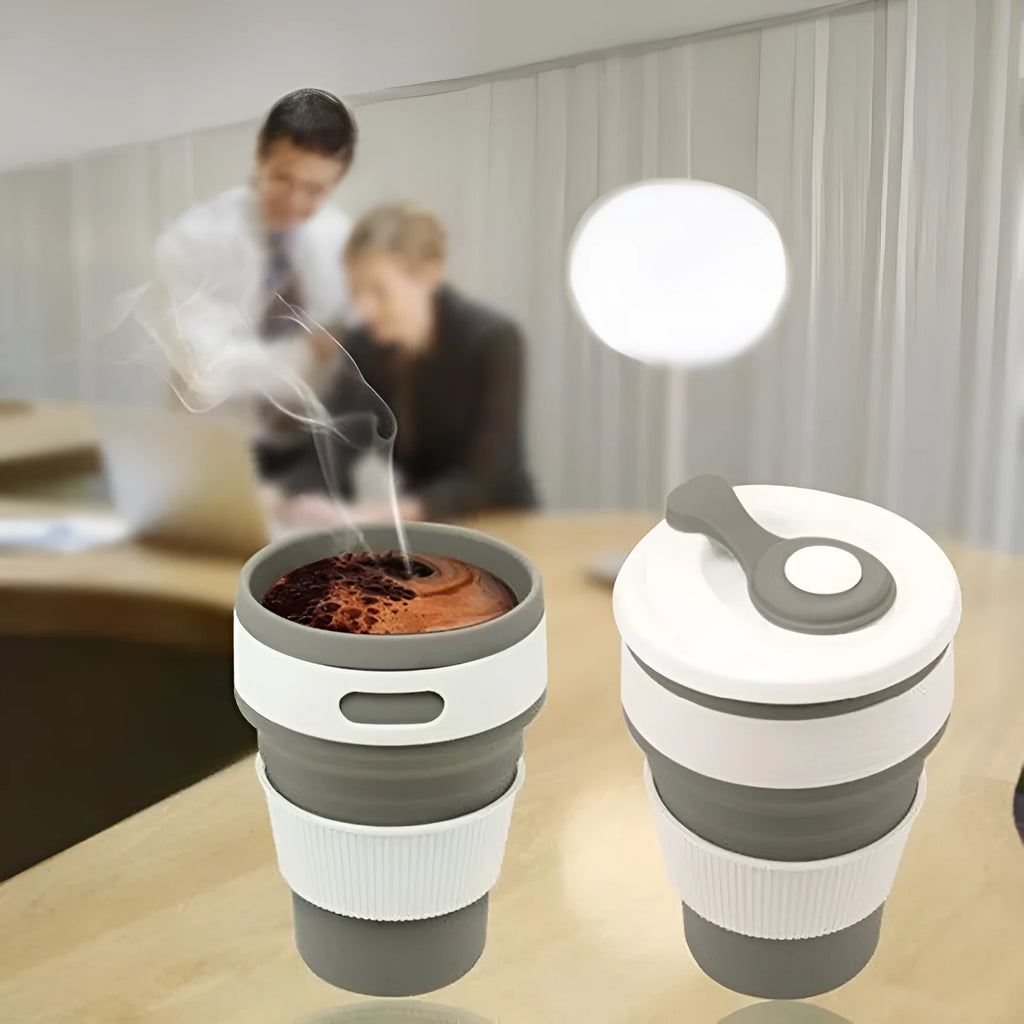 Collapsible silicone travel mug shown in expanded and folded states with colour options