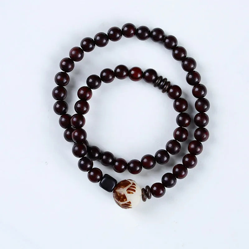 Natural rosewood bracelet with double rings and single circle design, 10mm floral carved bead