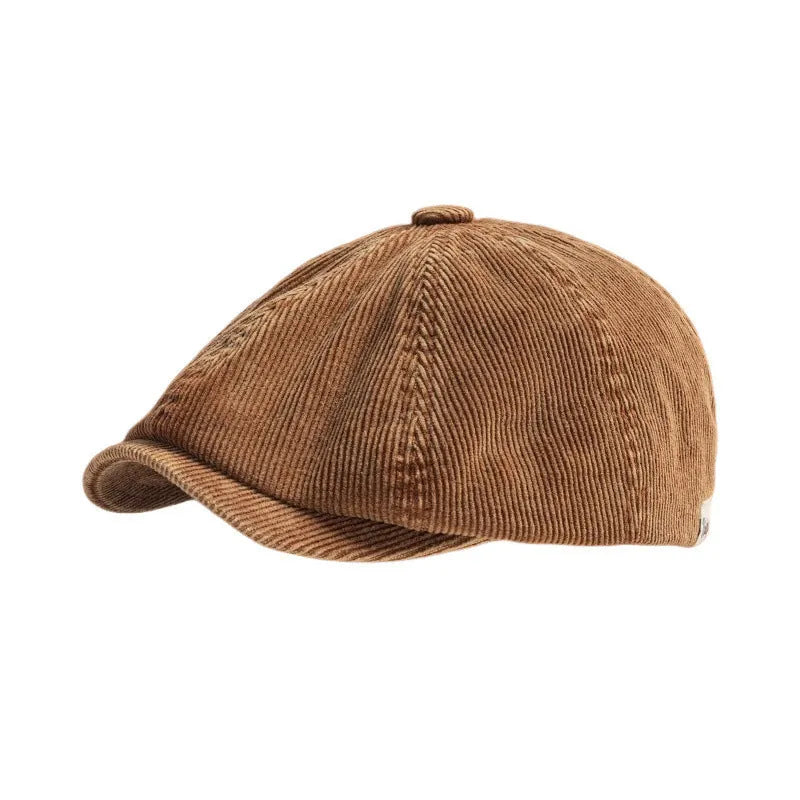 Corduroy eight-panel newsboy cap in solid colour, satin strip detail, unisex adult size