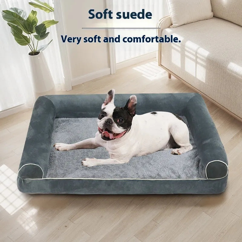 Square cloth dog bed with sponge filling, shown in blue, dimensions example 75cm long by 50cm wide.
