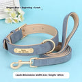 Double-layer leather dog collar with mohair trim and matching lead in blue, shown on a size chart.