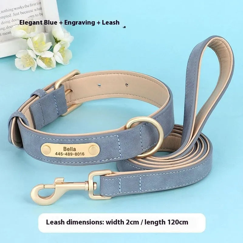 Double-layer leather dog collar with mohair trim and matching lead in blue, shown on a size chart.
