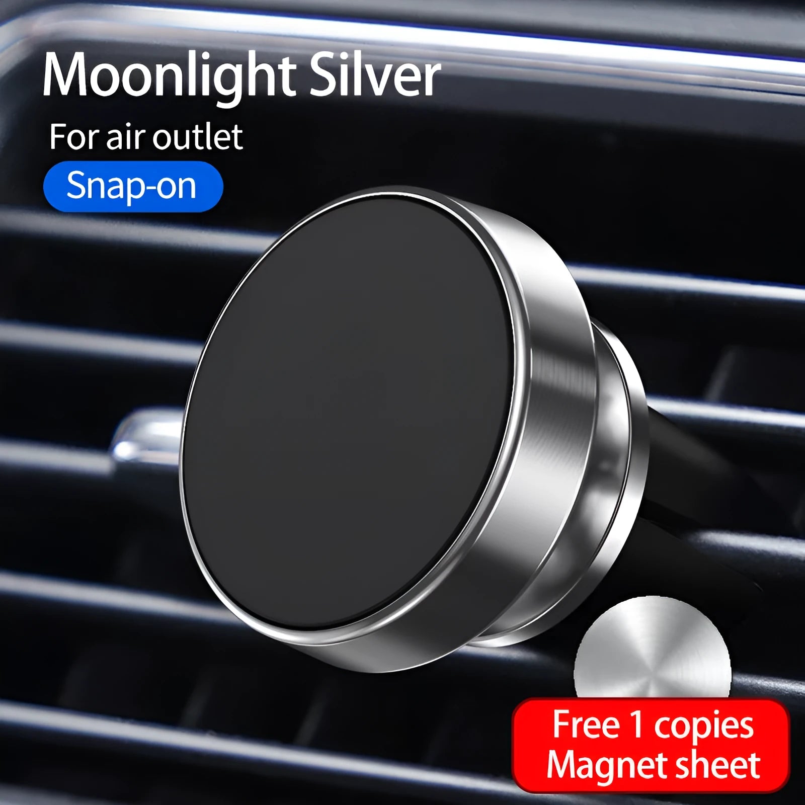 Magnetic car phone holder mounted on dashboard showing smartphone secured with 360-degree rotation adjustment