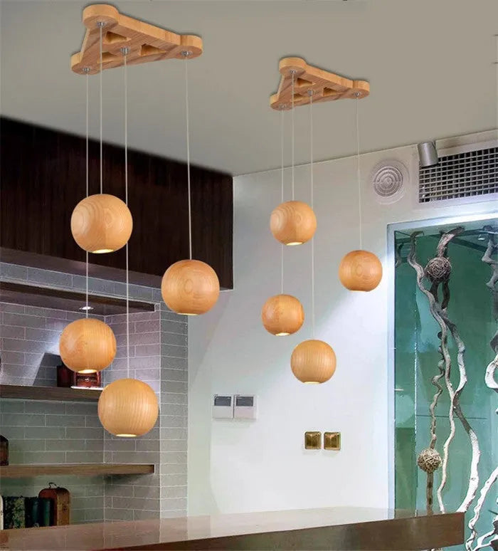 Nordic style wooden ball chandelier pendant light with adjustable cord