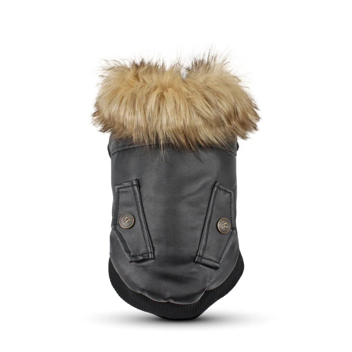 Dog fur collar PU leather coat in black with double pockets and faux fur collar