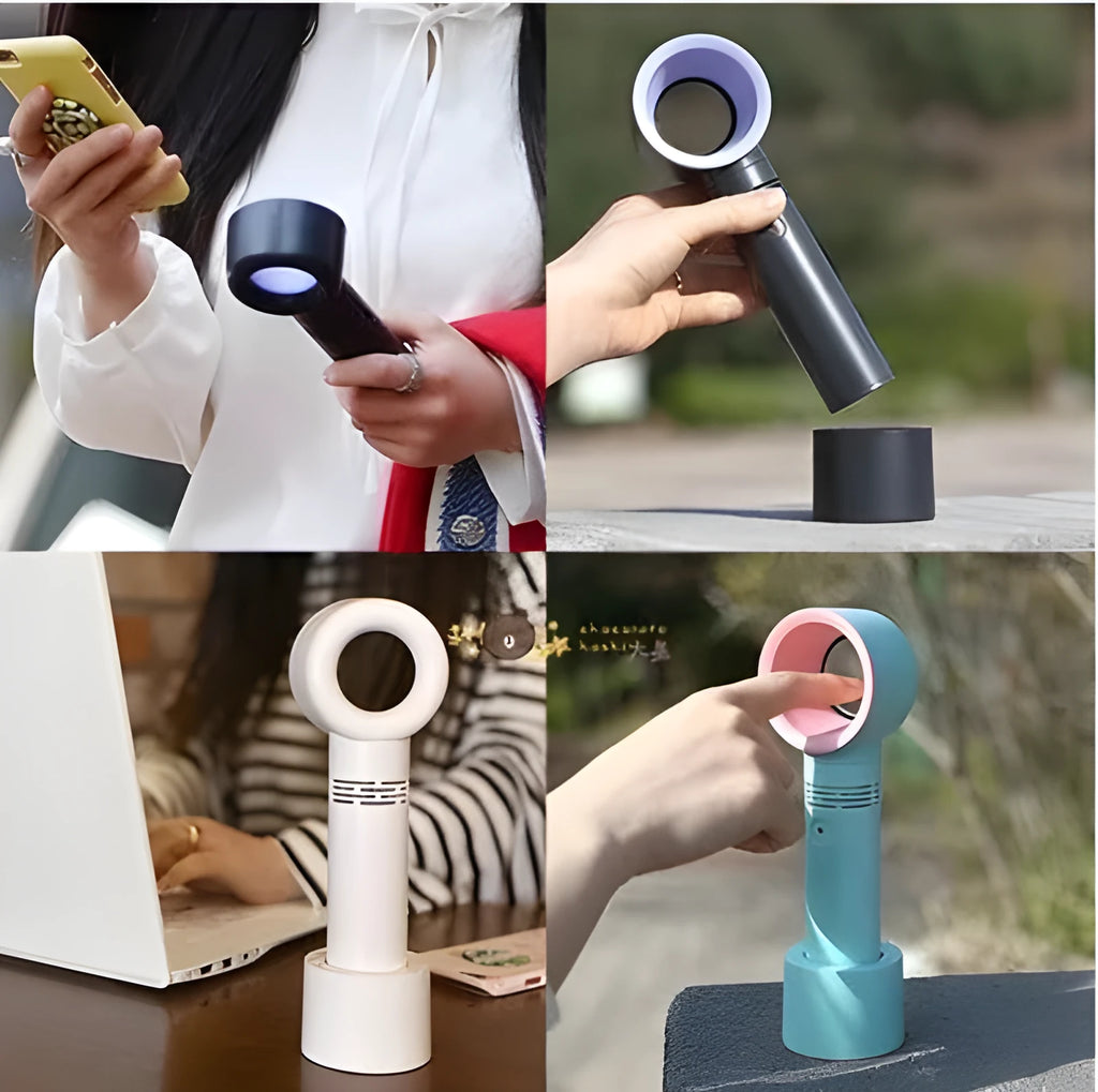 Compact portable bladeless desk fan with USB charging cable on a wooden desk