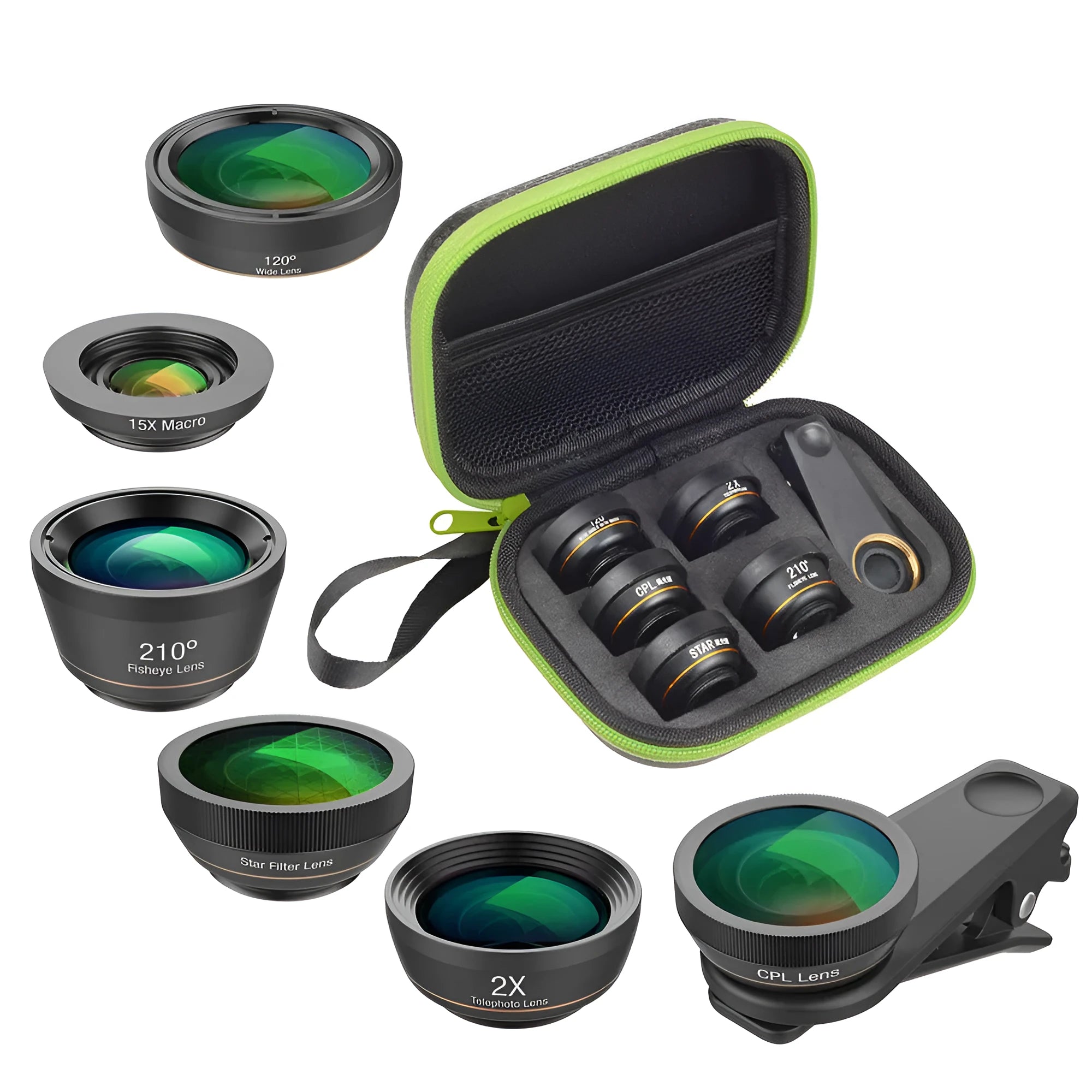 Black 6-in-1 universal smartphone camera lens kit with fisheye, wide-angle, macro, telephoto, CPL and star filter lenses on a table.