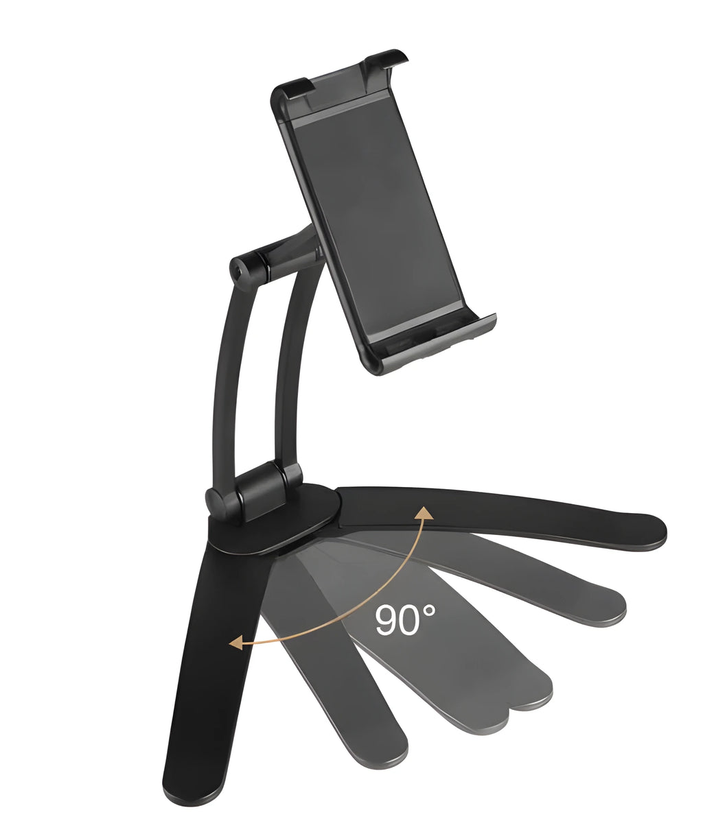 Silver aluminium alloy desktop tablet stand with adjustable black clips, holding a tablet.