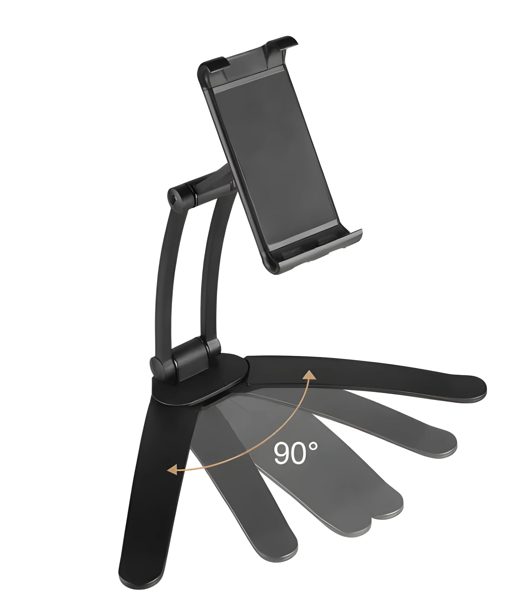 Silver aluminium alloy desktop tablet stand with adjustable black clips, holding a tablet.