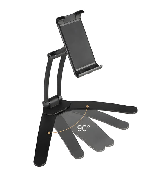 Silver aluminium desktop tablet stand holding a tablet, showing its 360-degree adjustable head and mounting base.