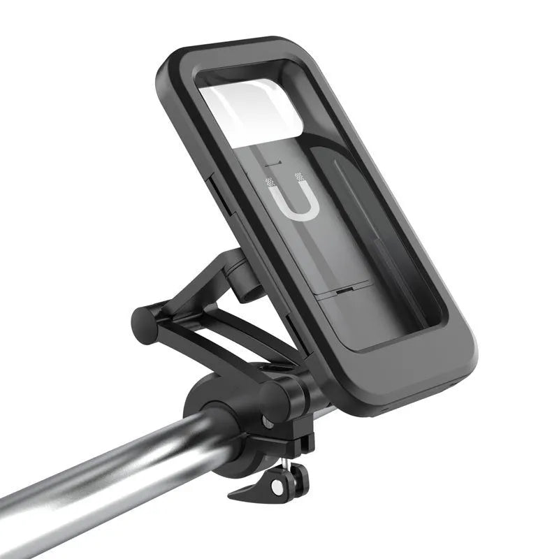 Black waterproof bicycle motorcycle phone holder with adjustable joints and magnetic suction on handlebars