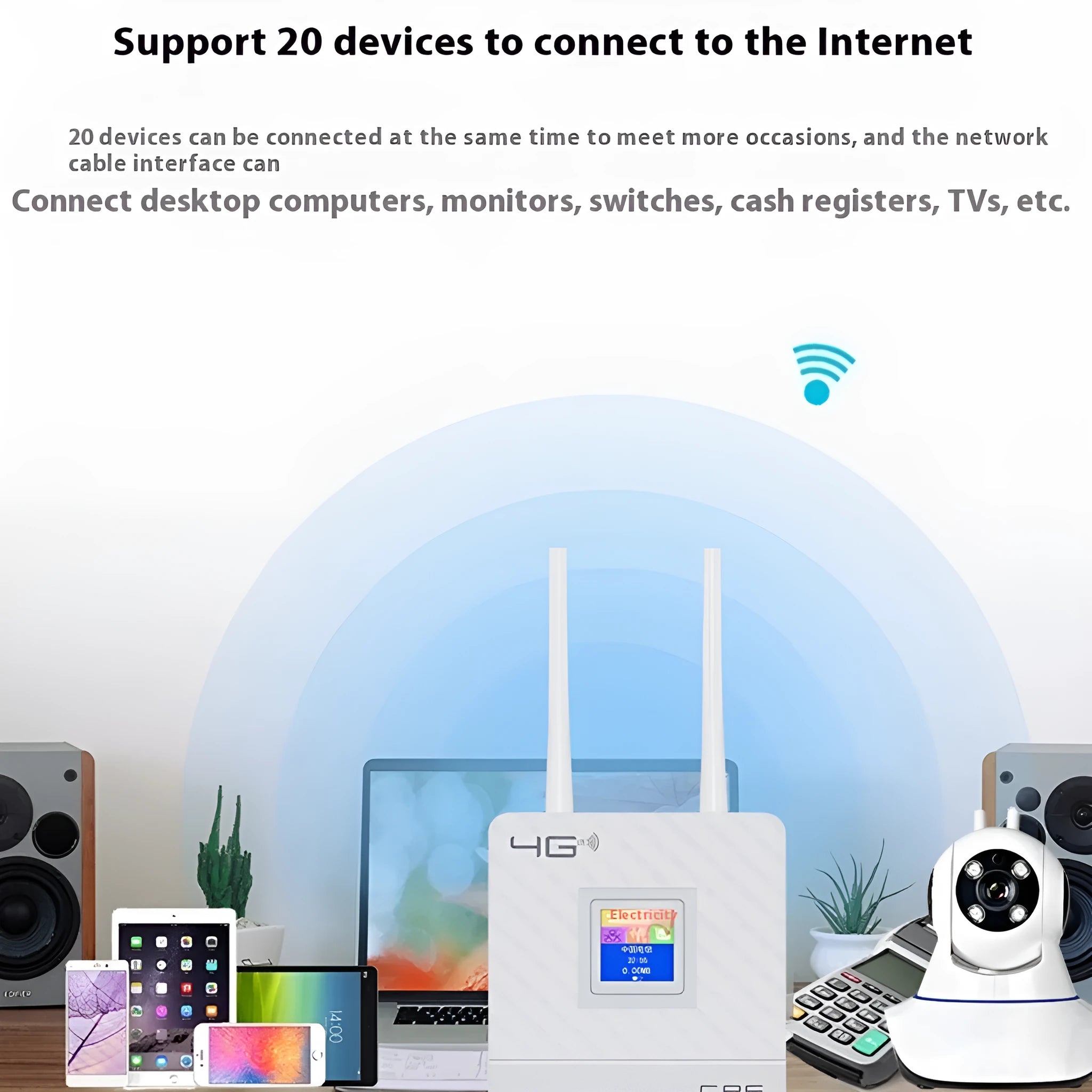 White LTE router with two external antennas, USB cable, and power adapter for home office internet connectivity
