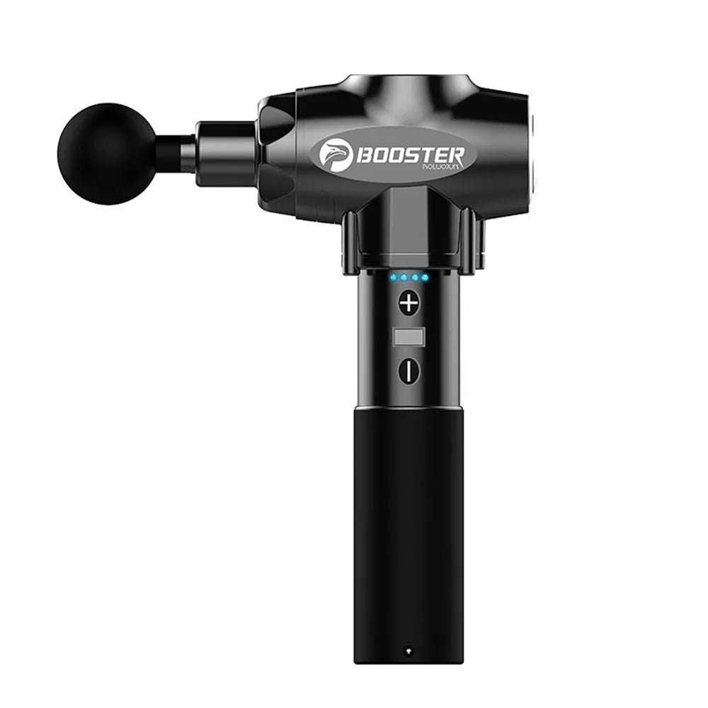 Black and white handheld muscle massager with adjustable speed control