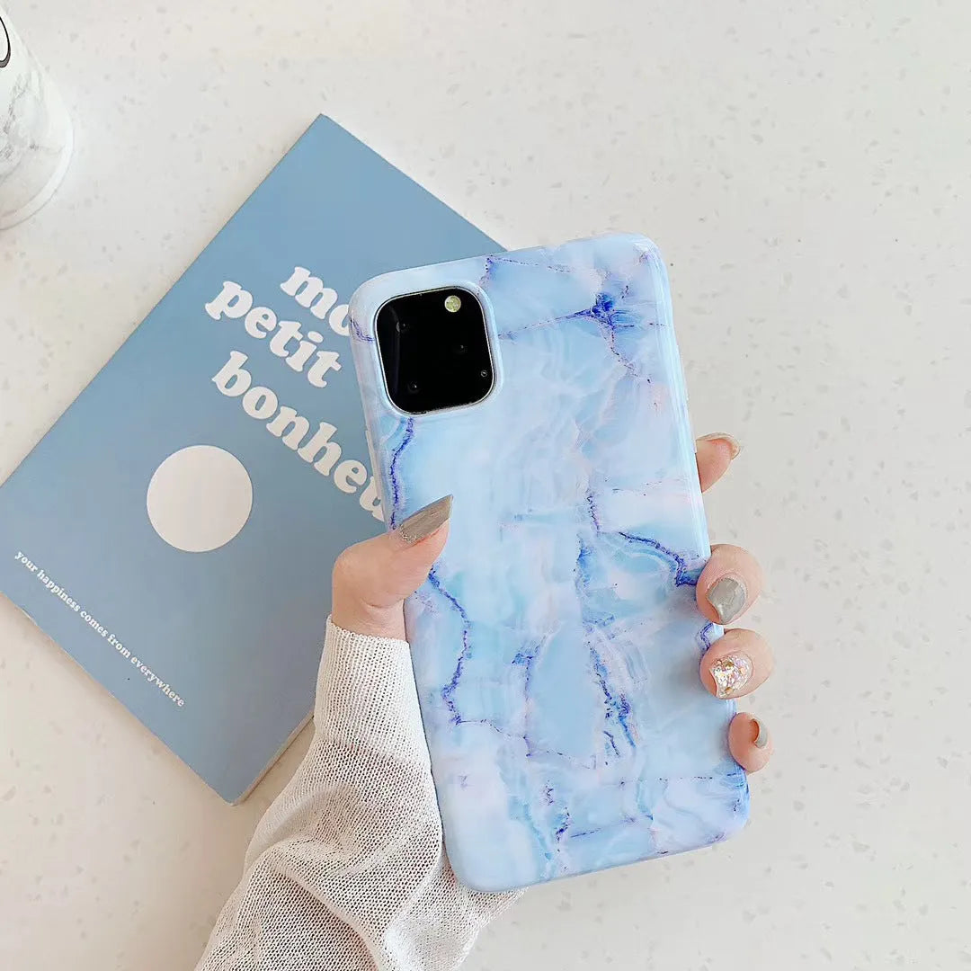 Frosty marble silicone phone case back cover with geometric pattern for iPhone models, available in multiple colours