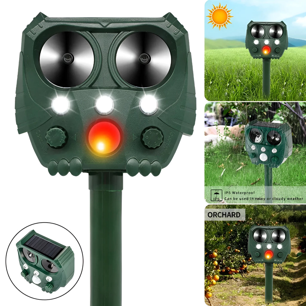 Green solar-powered ultrasonic animal repeller unit for outdoor pest and dog control.