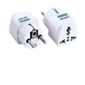 Multi country conversion plug in white with AU EU German UK and US style options on a neutral background