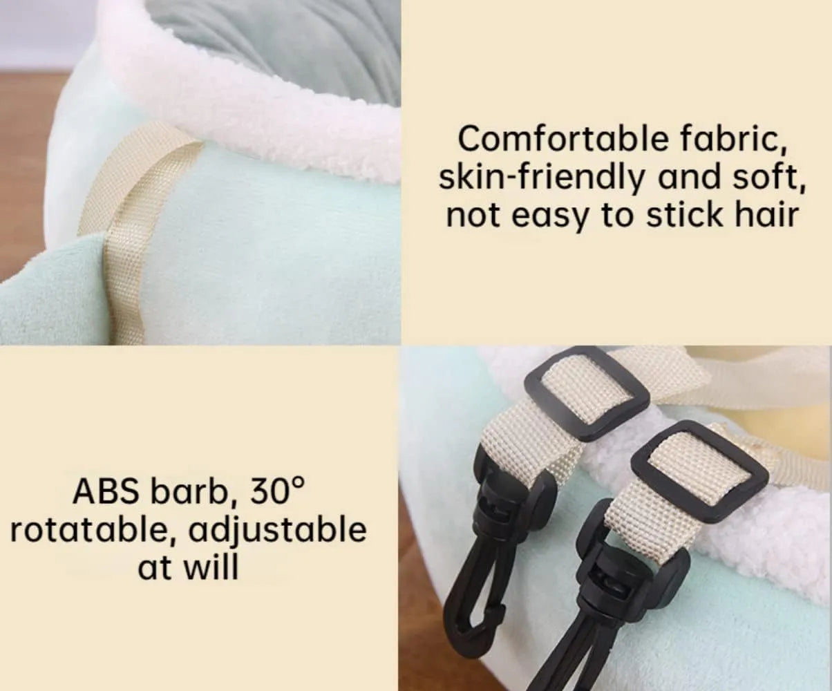 Green or yellow chick or dinosaur shaped cat bed that can be a flat sofa or a hanging hammock for small pets.