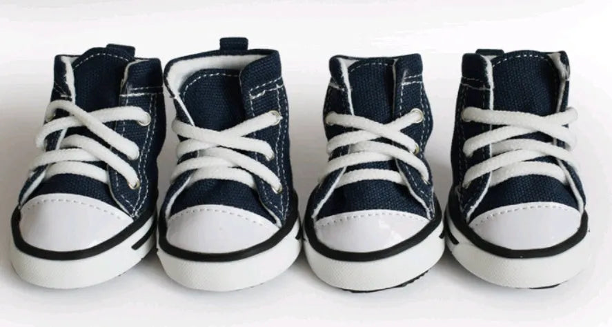 Pet denim canvas dog shoes in navy blue, waterproof non-slip sole, size options for small dogs