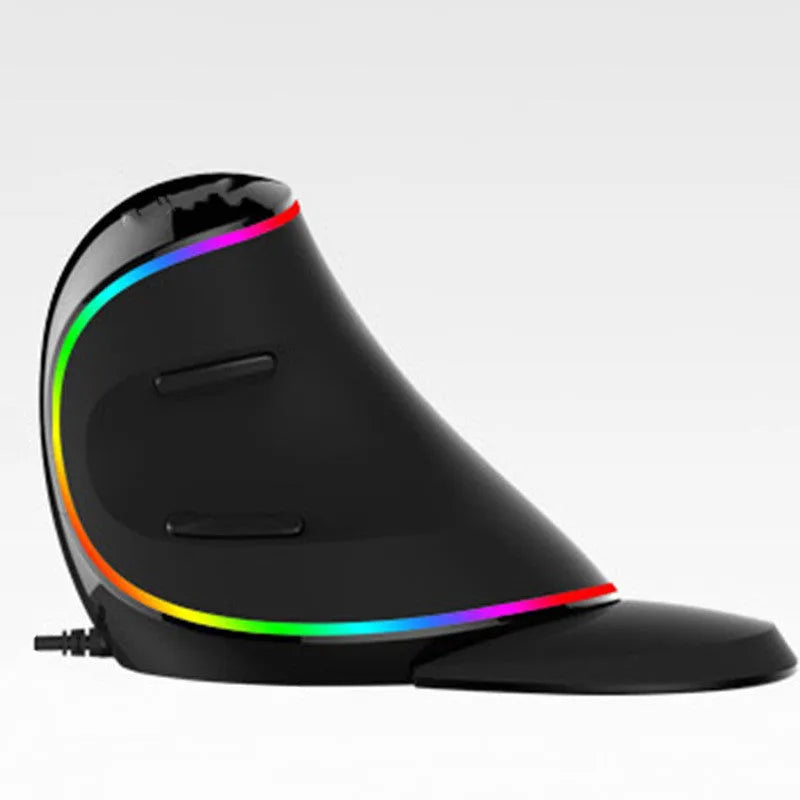 Right-handed vertical snail-shaped ergonomic computer mouse with RGB lighting on a desk.