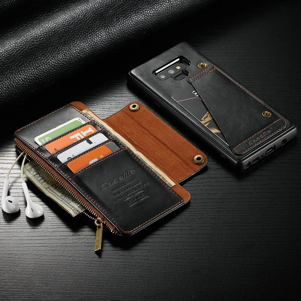 Black PU leather flip phone case for Samsung Galaxy Note 9 shown open and closed.
