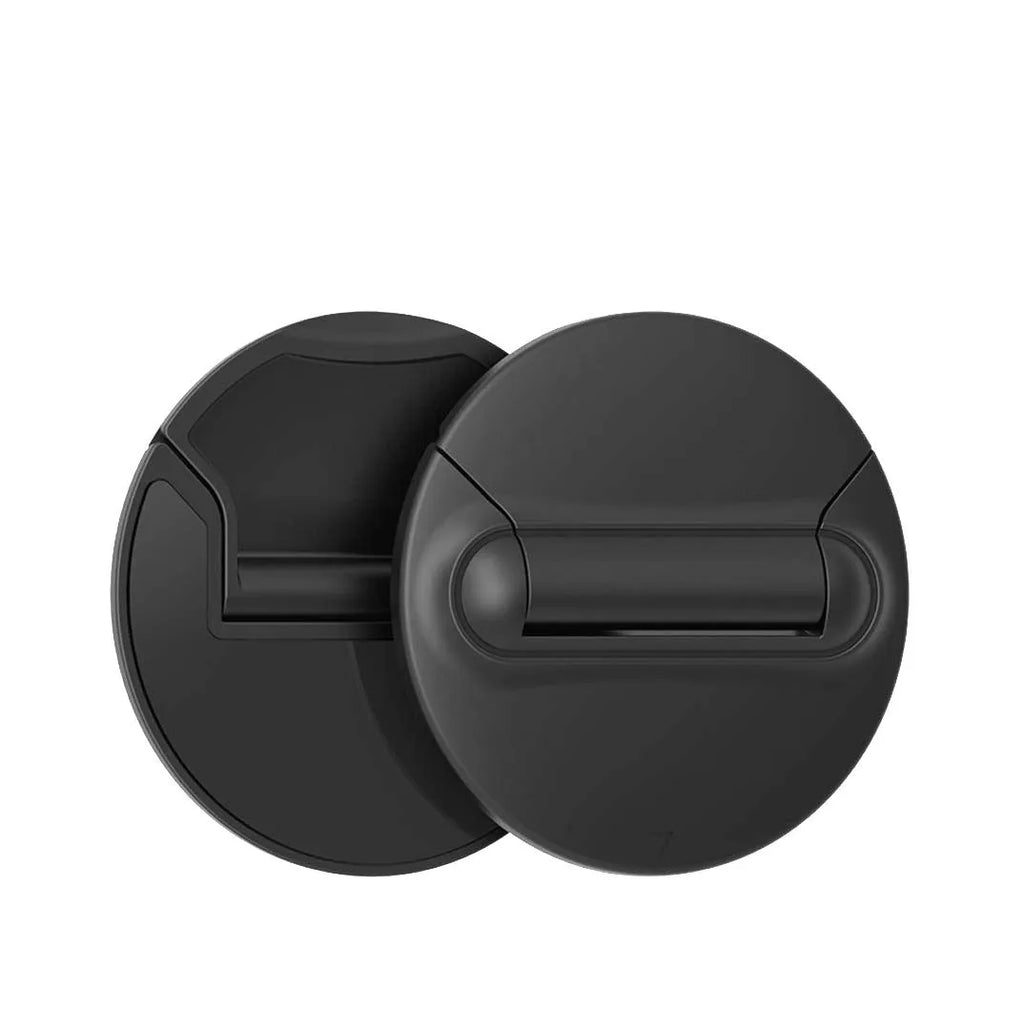 Two black adjustable mini laptop stands on a desk with a laptop, showing 50x50x6.5mm size