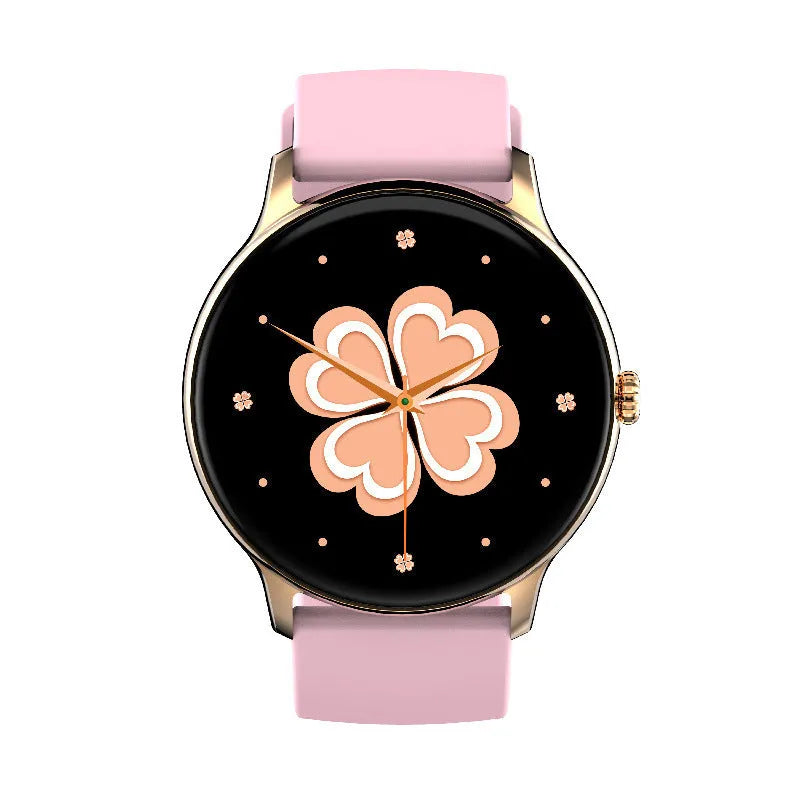 Black smart sports watch with circular screen displaying health stats on a silicone strap.
