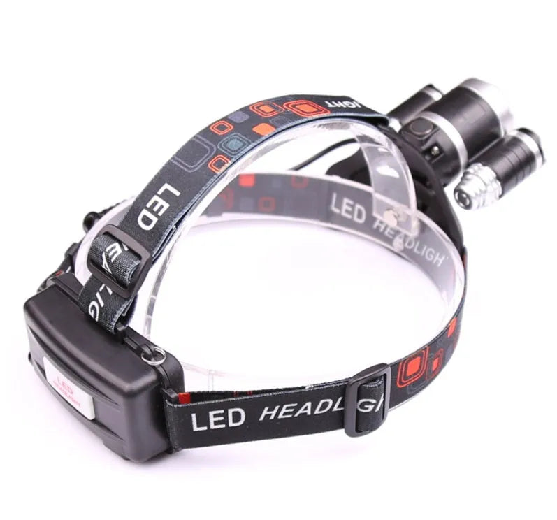 Gold or silver aluminium alloy head torch with adjustable focus and headband, shown with 18650 batteries.