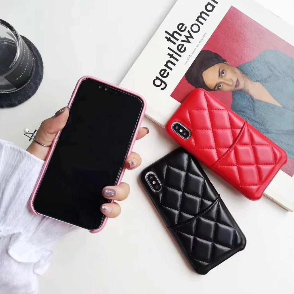 Leather mobile phone case for iPhone Xs Max in black, pink, and red colour options