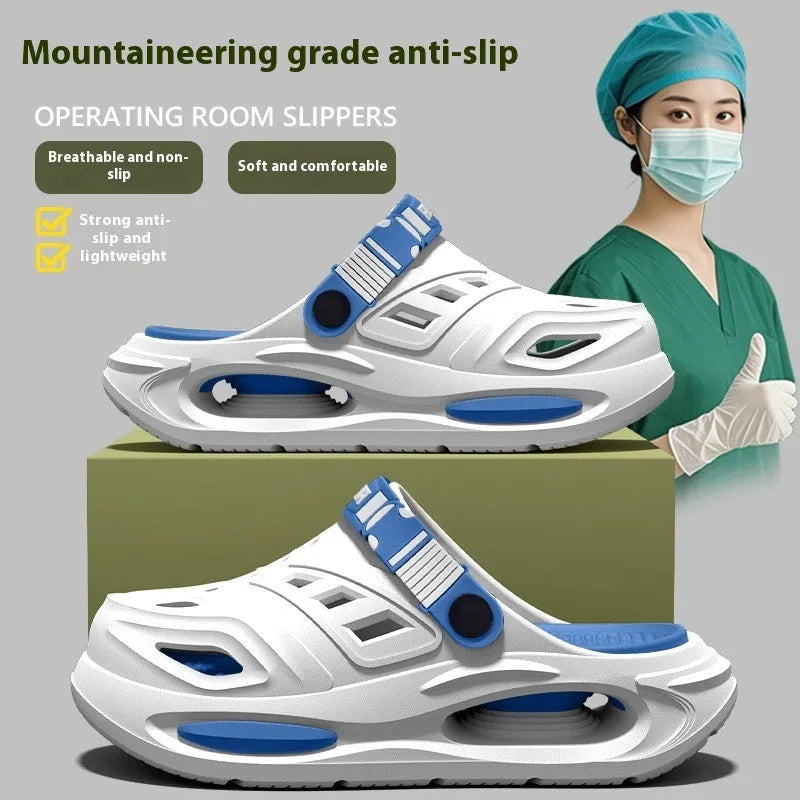 Men's summer outdoor EVA hole slippers in black with non-slip injection-moulded sole and closed toe cap