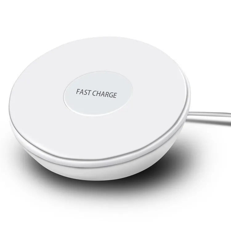 White 10W wireless phone charger with digital clock display and control buttons.