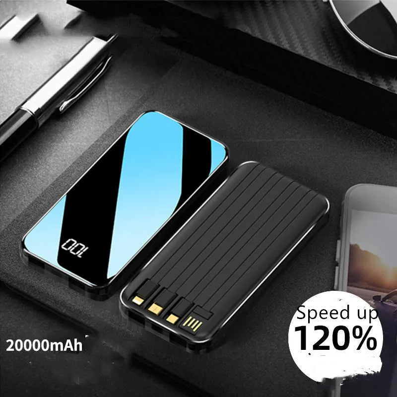Portable power bank with digital display showing battery percentage, surrounded by USB, Micro USB, Type-C, and Lightning cables.
