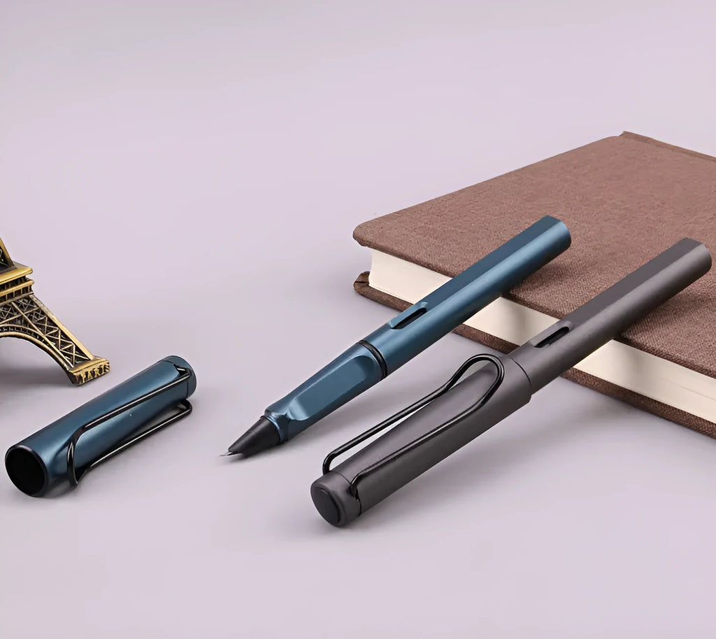 Black and blue frosted ink bag fountain pens showing 0.38mm and 0.5mm nib options.