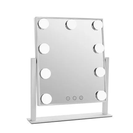 Black LED vanity makeup mirror with 9 bulbs mounted on a wall, 31x36cm