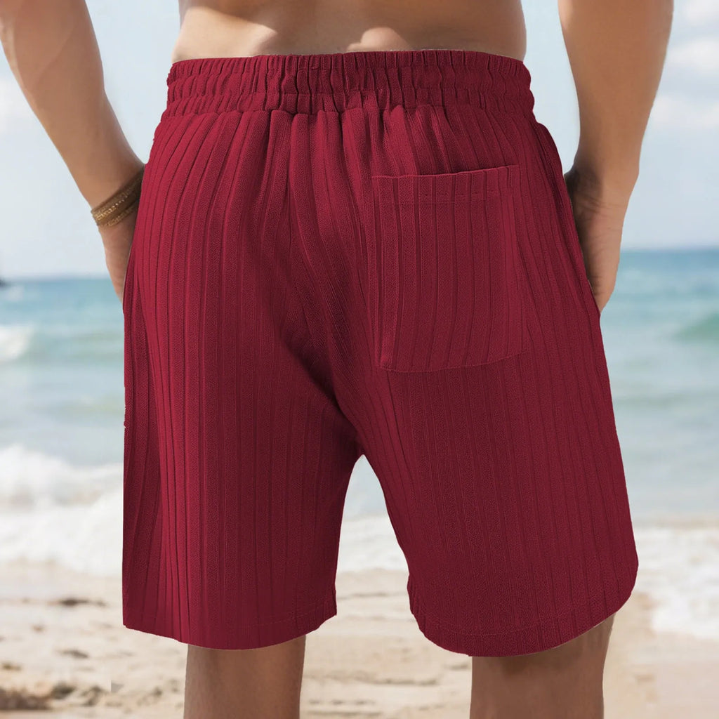 Men's striped linen sports shorts with multiple lace-detailed bags in seven colour options
