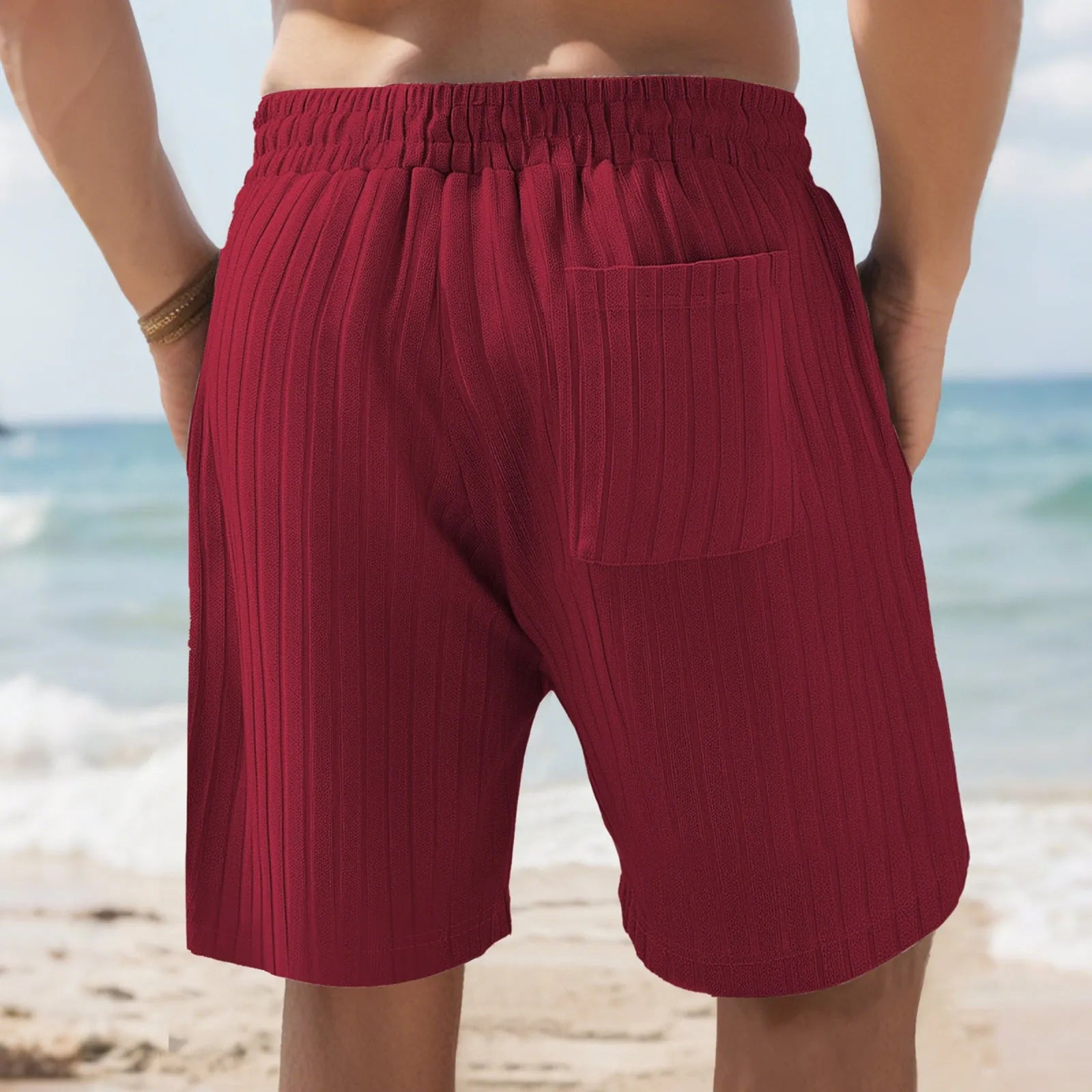 Men's striped linen sports shorts with multiple lace-detailed bags in seven colour options