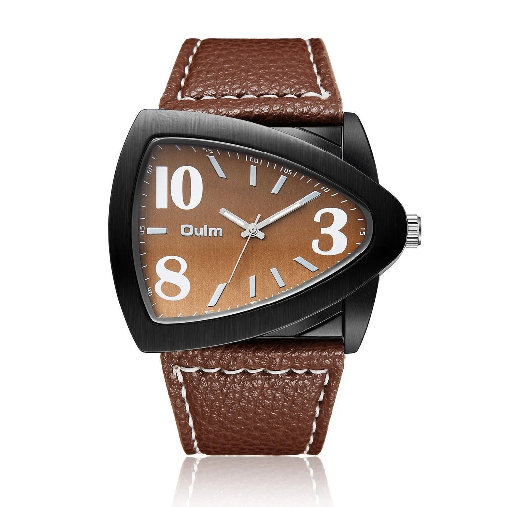 Men's casual brown triangle belt quartz watch with a 9mm thick case on a wrist.