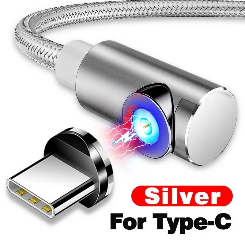 Black magnetic charging cable with L-shaped head and three separate Micro USB, Lightning, and Type-C magnetic adapters.