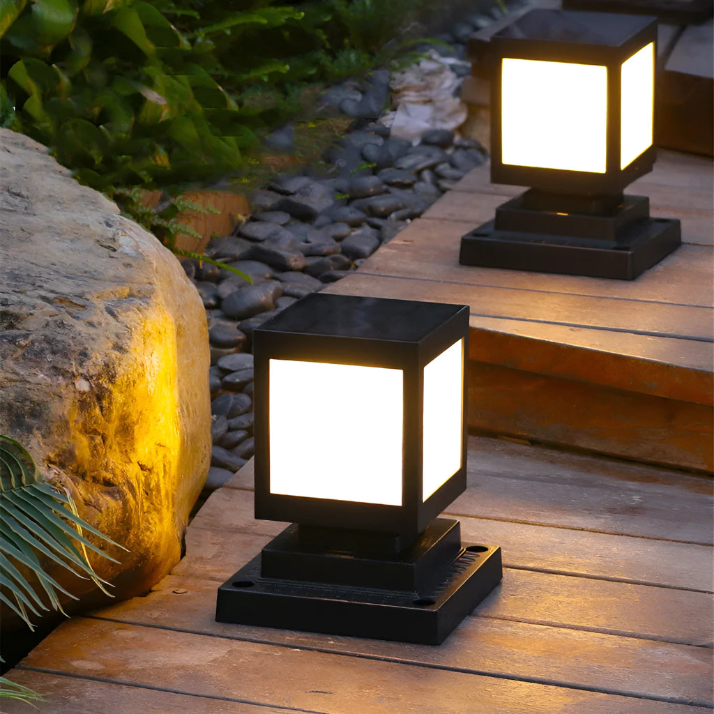 Solar-powered LED garden light in a UK garden setting, showing waterproof design and light emission.
