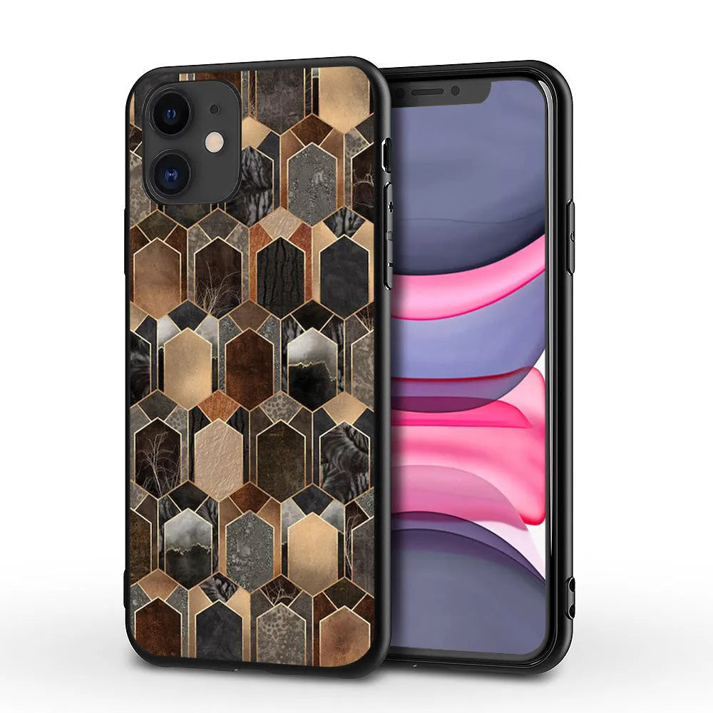 Marble pattern iPhone case with TPU PC construction showing waterproof drop-resistant features