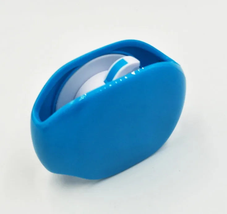 Automatic plastic cable winder retractor showing black, blue, and red units next to a coiled earphone cable.