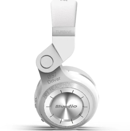 Blue String T2 black and white over-ear Bluetooth headphones with a folding metal headband.